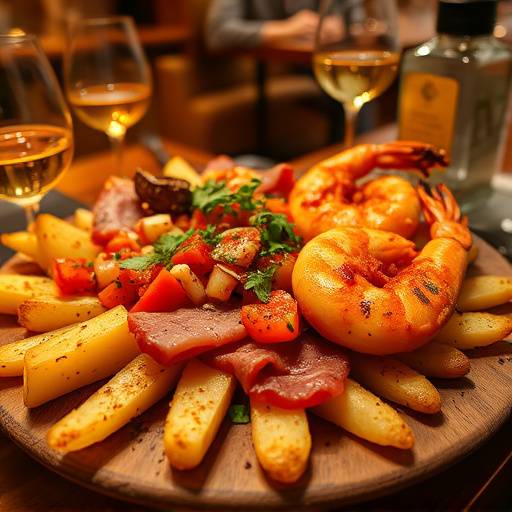 Bandeja de tapas con patatas bravas, finas lonchas de jam&oacute;n ib&eacute;rico y gambas al ajillo chisporroteando