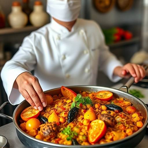 Chef mostrando ingredientes frescos para una paella valenciana