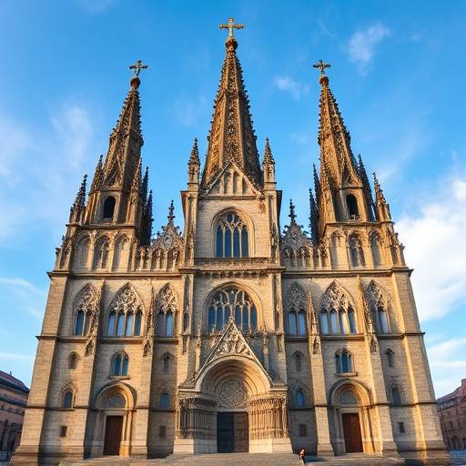 Imponente catedral g&radic;&ge;tica de Santiago de Compostela bajo un cielo azul.