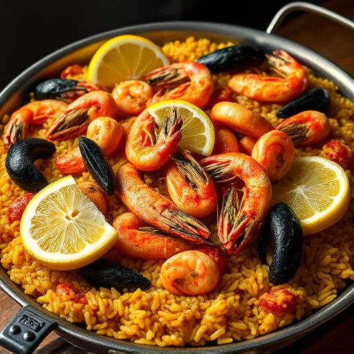 Paella Valenciana rebosante de mariscos, arroz dorado y guarnici&oacute;n de lim&oacute;n