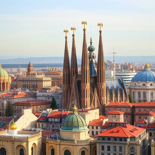Paisaje urbano de Barcelona con la Sagrada Familia destacando entre edificios hist칩ricos y modernos.