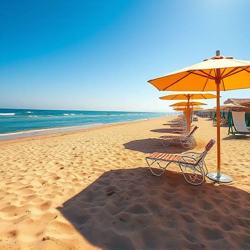 Playa soleada y arena dorada en la Costa del Sol con sombrillas y sillas.