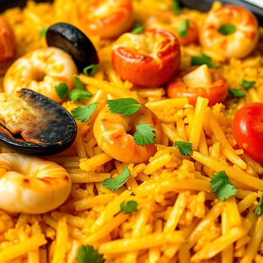 Primer plano de paella mixta con mariscos y arroz dorado, lista para servir en un restaurante espa침ol.