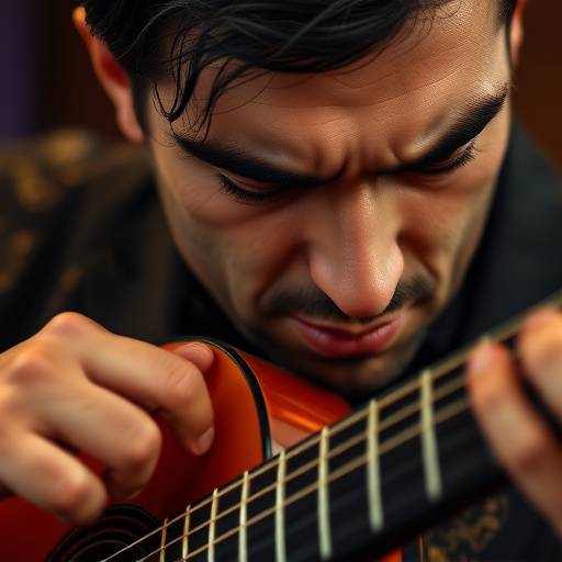 Primer plano de un guitarrista de flamenco con expresi&radic;&ge;n intensa.