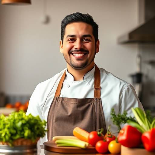 Retrato sonriente del Chef Ricardo Montoya, con un delantal y rodeado de ingredientes frescos