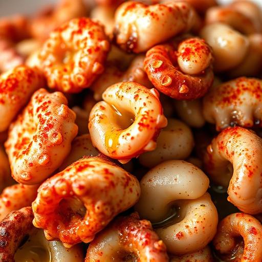 Tiernos trozos de pulpo a la gallega espolvoreados con piment&oacute;n rojo y regados con aceite de oliva virgen extra