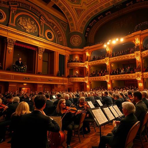 Una orquesta sinf&radic;&ge;nica actuando en un teatro hist&radic;&ge;rico con iluminaci&radic;&ge;n dorada.