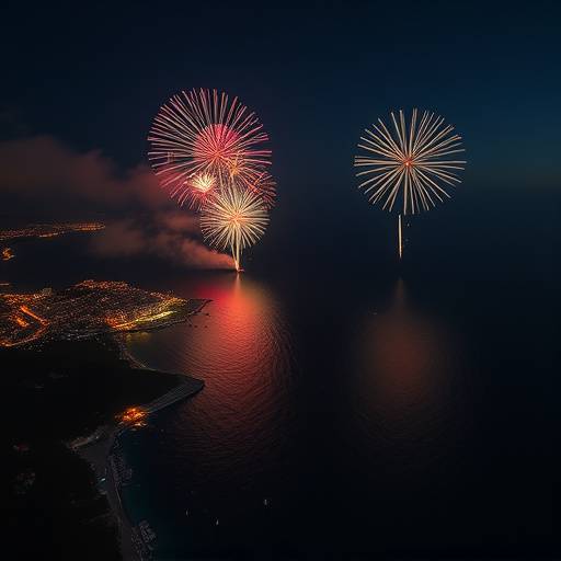 Vista a&radic;&copy;rea de fuegos artificiales iluminando el cielo sobre una costa mediterr&radic;&deg;nea.