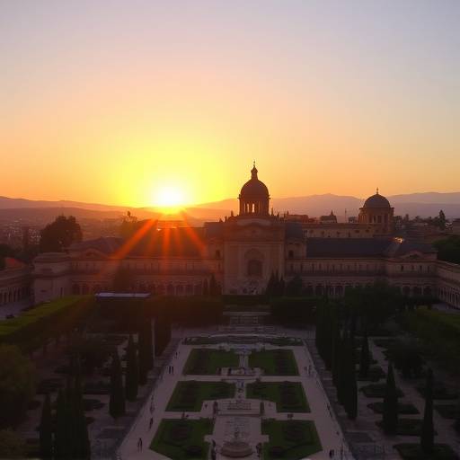 Vista de la Alhambra de Granada al atardecer, mostrando la arquitectura morisca y los jardines.