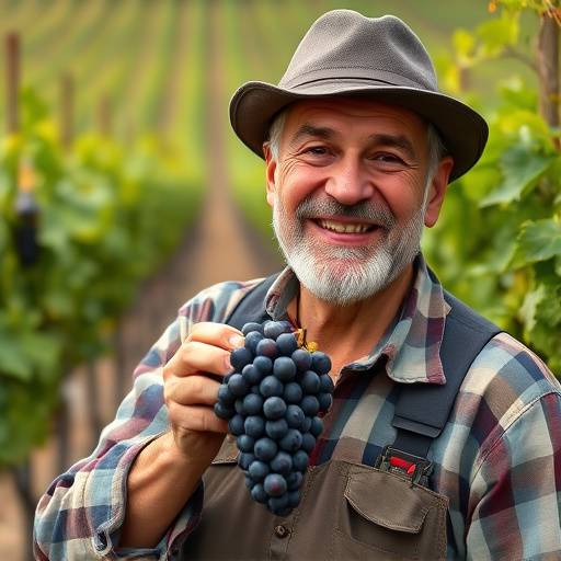 Viticultor sonriente sosteniendo un racimo de uvas en su vi&radic;&plusmn;edo de La Rioja